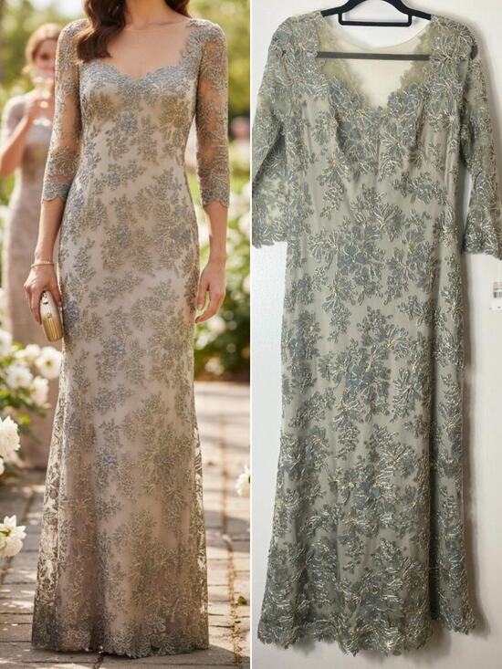 Tadashi Shoji Dresses & Skirts - Tadashi Shoji Dress Nude Gray Gold Embroidered Floral Mother of Bride Long Maxi